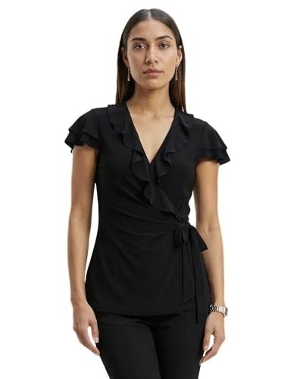 Anne Klein Women's Flutter Sleeve Top with Ruffle Detail Black Size L 0267